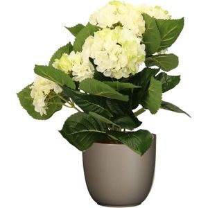 Hortensia kunstplant/kunstbloemen 36 cm - wit/groen - in pot taupe mat - Kunst kamerplant