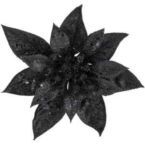 1x stuks decoratie bloemen kerststerren zwart glitter op clip 15 cm - Decoratiebloemen/kerstboomversiering