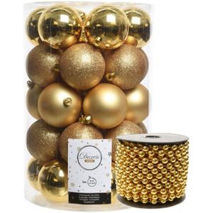 Kerstballen 8 cm - incl. kralenslinger 10 m - goud - kunststof