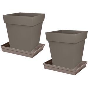 Set van 4x stuks bloempotten Toscane vierkant kunststof taupe 32 x 32 x 32 cm inclusief onderschalen - Bloempot set