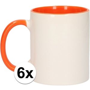 6x Wit met oranje blanco mokken - onbedrukte koffiemok