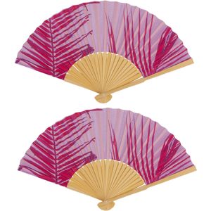 Spaanse handwaaier - 2x - Tropische zomer kleuren print roze - bamboe/papier - 21 cm