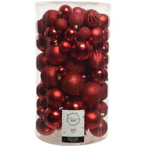 100x Rode kerstballen 4-5-6-7-8 cm - Glans en glitter - Mix - Onbreekbare plastic kerstballen - Kerstboomversiering rood
