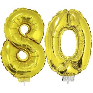 80 jaar leeftijd feestartikelen/versiering cijfers ballonnen op stokje van 41 cm - Combi van cijfer 80 in het goud