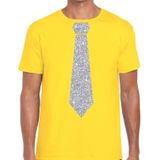 Geel fun t-shirt met stropdas in glitter zilver heren