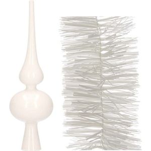 Kerstboomversiering set winter witte piek en 3x folieslingers set - Kerstboomversiering wit