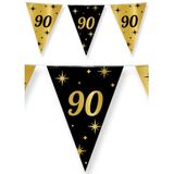 Leeftijd verjaardag feestartikelen pakket vlaggetjes/ballonnen 90 jaar zwart/goud - 18x ballonnen/3x vlaggenlijnen