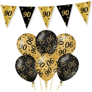 Leeftijd verjaardag feestartikelen pakket vlaggetjes/ballonnen 90 jaar zwart/goud - 18x ballonnen/3x vlaggenlijnen