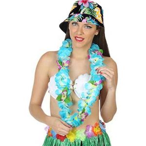 Carnaval verkleed set - Tropische Hawaii party - bucket hoedje zwart - bloemenslinger blauw - volwassenen