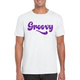 Toppers Wit Flower Power  t-shirt Groovy met paarse letters heren - Sixties/jaren 60 kleding