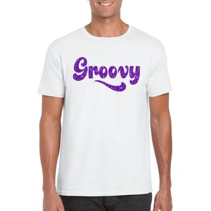 Toppers in concert Wit Flower Power  t-shirt Groovy met paarse letters heren - Sixties/jaren 60 kleding
