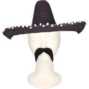 Carnaval verkleed set Gringo - Mexicaanse sombrero hoed - zwart - met Western thema plaksnor zwart
