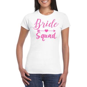 Bellatio Decorations Vrijgezellenfeest T-shirt dames - bride squad - wit - roze glitter - bruiloft