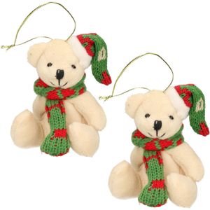 2x Kersthangers knuffelbeertjes wit met gekleurde sjaal en muts 7 cm - Kerst hangdecoratie - Kerstboom versiering