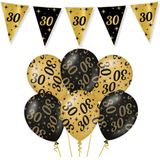 Leeftijd verjaardag feestartikelen pakket vlaggetjes/ballonnen 30 jaar zwart/goud - 12x ballonnen/2x vlaggenlijnen