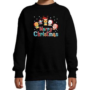 Foute kersttrui / sweater dierenvriendjes Merry christmas zwart voor kinderen - kerstkleding / christmas outfit