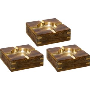 Set van 3x stuks terras asbakken vierkant metaal/hout 10 x 4 cm goud - Buiten asbakken