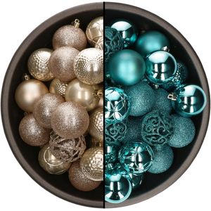 Bellatio Decorations Kerstballen mix - 74-delig - parel champagne en turquoise blauw - 6 cm - kunststof