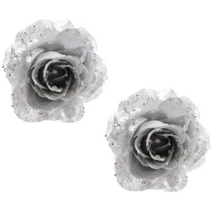 10x stuks zilveren glitter rozen met clip - Kerstversiering
