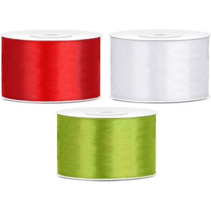 Sierlinten/cadeaulinten/satijnen linten - Set 3x stuks - wit/rood/groen - 38 mm x 25 meter