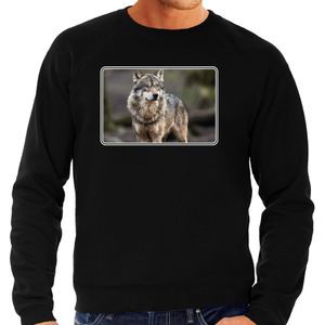 Dieren sweater met wolven foto - zwart - voor heren - natuur / wolf cadeau trui - kleding / sweat shirt