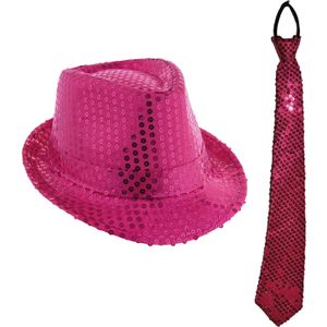 Carnaval verkleed setje - glitter hoedje en stropdas - fuchsia roze - volwassenen - met pailletten