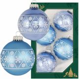 12x Luxe blauwe glazen kerstballen met witte sneeuwvlokken 7 cm - Kerstversiering/kerstdecoratie blauw