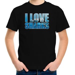 Tekst shirt I love sharks met dieren foto van een haai zwart voor kinderen - cadeau t-shirt haaien liefhebber - kinderkleding / kleding