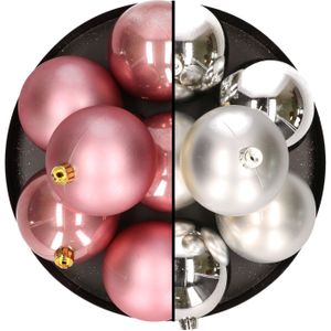 12x stuks kunststof kerstballen 8 cm mix van zilver en oudroze - Kerstversiering