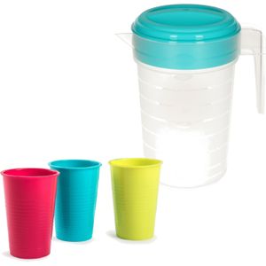 2x stuks water/limonade schenkkannen 2 liter met 12x kunststof gekleurde glazen van 360 ML voordeelset