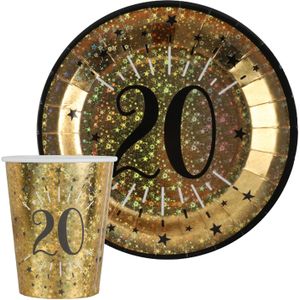 Verjaardag feest bekertjes en bordjes leeftijd - 20x - 20 jaar - goud - karton
