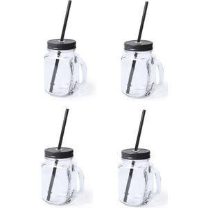 6x stuks Glazen Mason Jar drinkbekers zwarte dop en rietje 500 ml - afsluitbaar/niet lekken/fruit shakes