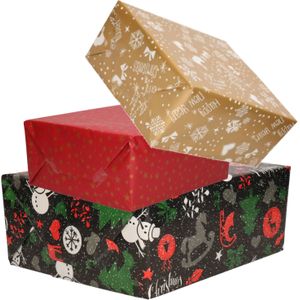 Pakket van 3x Rollen Kerst inpakpapier/cadeaupapier goud rood en zwart met print 2,5 x 0,7 meter - Kerst cadeautjes inpakken