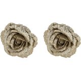 2x stuks decoratie bloemen roos champagne glitter op clip 18 cm - Decoratiebloemen/kerstboomversiering