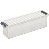 12x Sunware Q-Line opberg boxes/opbergdozen 1,3 liter 27 x 8,4 x 9 cm kunststof - Langwerpige/smalle opslagbox - Opbergbak kunststof transparant/zilver