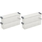 12x Sunware Q-Line opberg boxes/opbergdozen 1,3 liter 27 x 8,4 x 9 cm kunststof - Langwerpige/smalle opslagbox - Opbergbak kunststof transparant/zilver