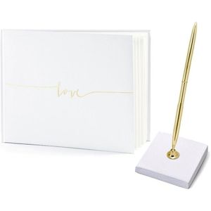 Gastenboek/receptieboek met luxe pen in houder - Bruiloft - wit/goud - 24 x 18,5 cm