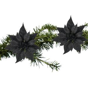 Kerstboom bloemen op clip - 2x stuks - zwart glitter - kunststof - 18 cm