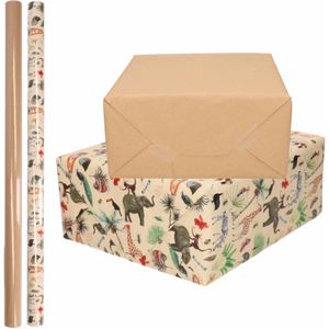 6x Rollen kraft inpakpapier jungle/oerwoud pakket - dieren/bruin 200 x 70 cm - cadeau/verzendpapier