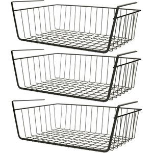 MSV Kastmandje - 3x - opberg/hang mandjes - rvs - zwart - 39 x 25 x 14 cm - draadmand