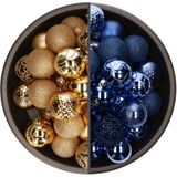 Bellatio Decorations Kerstballen mix - 74-delig - kobalt blauw en goud - 6 cm - kunststof