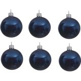 6x Donkerblauwe glazen kerstballen 8 cm - Glans/glanzende - Kerstboomversiering donkerblauw