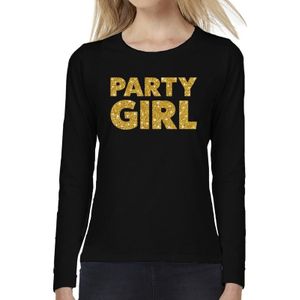 Party Girl goud glitter tekst t-shirt long sleeve zwart voor dames- zwart shirt met lange mouwen en gouden party girl voor dames