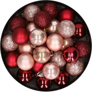 28x stuks kunststof kerstballen donkerrood en lichtroze mix 3 cm - Kerstboomversiering