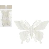 House of Seasons kerstboomversiering vlinders op clip - 6x st - wit - 16 cm