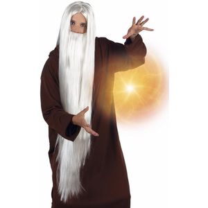 Witte tovenaar pruik met baard voor volwassenen