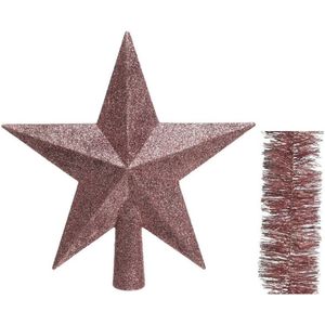Kerstversiering kunststof glitter ster piek 19 cm en folieslingers pakket oud roze van 3x stuks - Kerstboomversiering
