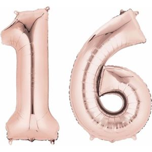 Folie ballon cijfer 16 rose goud - Sweet 16 verjaardag versiering