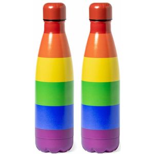RVS waterfles/drinkfles/bidon/sportfles - 2x - regenboog kleuren - schroefdop - 790 ml