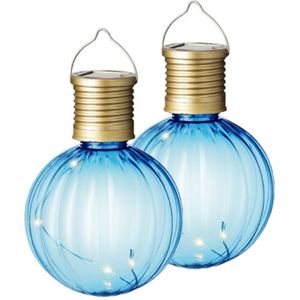 2x Buiten/tuin Led blauwe lampion solar verlichting 11 cm - Tuinverlichting - Tuinlampen - Solarlampen zonne-energie